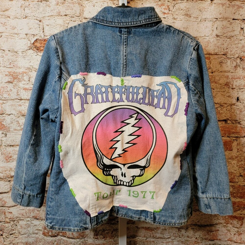 Upcycled Grateful Dead Band Tee Denim Jean Jacket, large 3/4 length sleeves